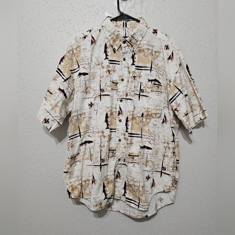 Crossings Fishing Print Button-Up Shirt Men’s XL‎ Cotton Short Sleeve